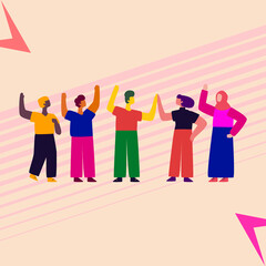 Obraz premium Zero discrimination days and No Racism theme. For web, advertising, banners, and social media campaign. Equal rights. A group of friends of different races and genders. Isolated vector illustration.