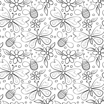 Vector seamless pattern of black outline butterflies, honey bees and flowers. Doodle style. Glade, forest edge. Cute background and texture on theme of nature, spring, summer, children print