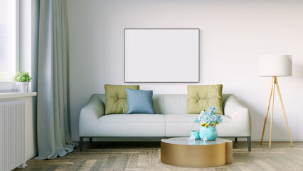 Fototapeta na wymiar Modern interior of a room with an empty painting. Sofa and large window, wooden floor and wall. Clean lines of interior design. 3D rendering