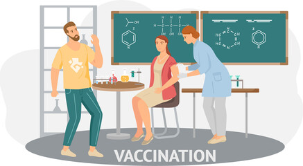 People vaccinated in arm set. Counteracting disease, increasing immunity, antiviral injection concept. Men and women of different professions show hand after injection. Vaccination, health care vector