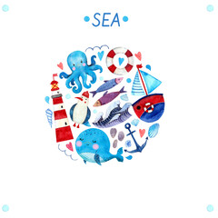 Watercolor cartoon sea set. Seagulls, boat, octopus, whale, lighthouse. Hand draw illustrations.