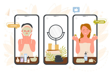Skincare beauty routine of woman on screens of mobile phones vector illustration. Cartoon cute girl standing with facial mask, lotion and cream to clean and care skin. Daily morning hygiene concept