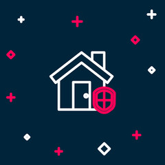 Line House under protection icon isolated on blue background. Home and shield. Protection, safety, security, protect, defense concept. Colorful outline concept. Vector