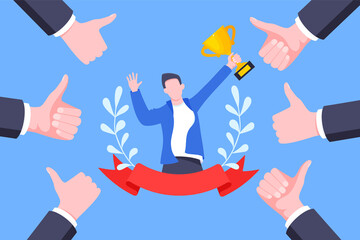 Best worker employee winner with trophy cup inside award ribbon and floral wreath flat style design vector illustration. Employee of the month, talent award, best worker competition prize.