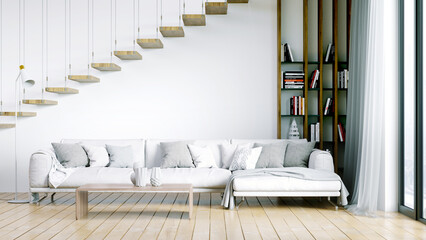 Fototapeta na wymiar Modern beautiful interior of the room with light walls, large windows and stylish furniture. Bright design in Scandinavian style. 3D rendering