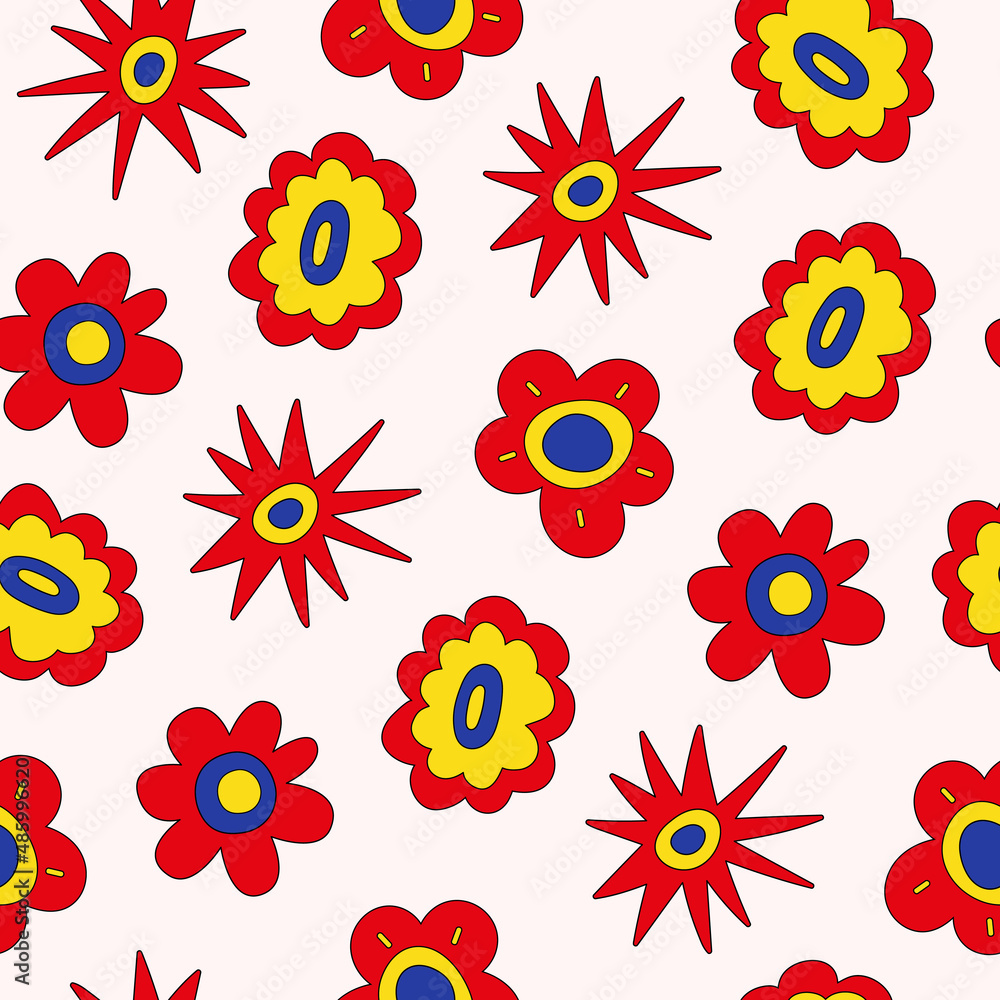 Poster retro seamless pattern of colorful hippie flowers on a light background. vintage festive groovy bota