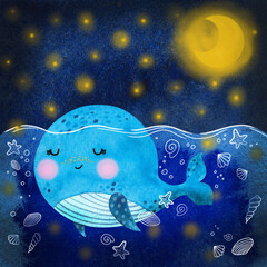 Watercolor cartoon baby whale in a sailor hat and yellow moon. Under the sea on a starry night. Hand draw isolated illustrations. - 485996638