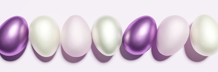 3d render of purple and pink colored Easter eggs on a pastel pink background