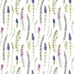 A delicate, seamless Provence-style pattern with bouquets of lavender flowers and herbs, hand-painted in watercolor, isolated on a white background. Watercolour illustration.