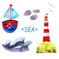 Watercolor cartoon sea set. Seagulls, boat, octopus, whale, lighthouse. Hand draw illustrations. - 485997087
