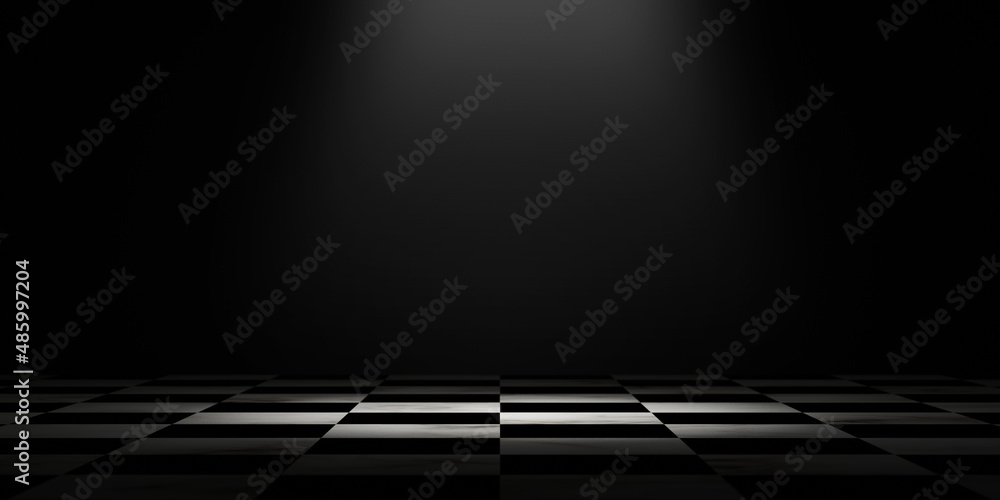 Fototapete chessboard with focus shiny light on dark background for competition and display product advertiseme