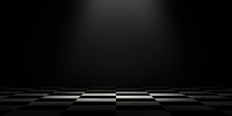 Chessboard with focus shiny light on dark background for competition and display product advertisement concept by 3d rendering.