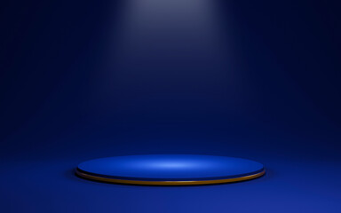 Blue round podium with golden ring and shiny glowing light for show or display product of...