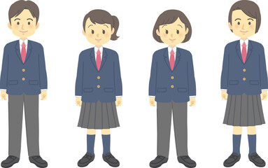 イラスト素材：ジェンダーレス学生服のセット（4種類/全身）
