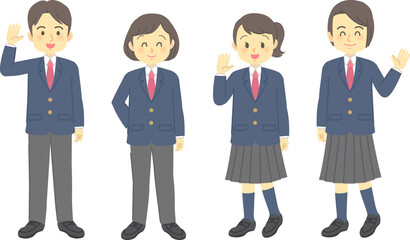 イラスト素材：ジェンダーレス学生服のセット（4種類/全身/手足と表情の動きあり）
