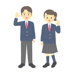 イラスト素材：正面に向かって手を振るブレザー着用の男女の学生（2種類/全身/手足と表情の動きあり）
