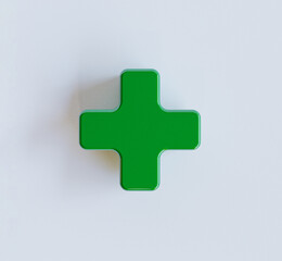 Green plus sign on white background for symbol of hospital or insurance health care and positive...
