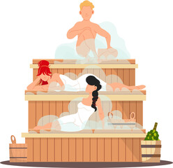 Sauna and steam room. Set of people in sauna. People relax and steam with birch brooms in traditional russian stove for female and male. Finnish bathhouse. Public sauna, Friends in spa resort