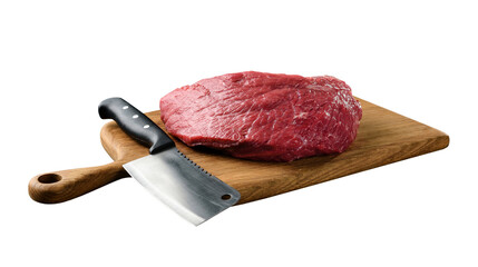 A piece of raw meat and a chef's hatchet on a cutting board isolated on a white background.
