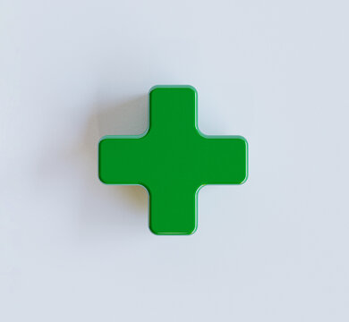 Green plus sign on white background for symbol of hospital or insurance health care and positive thinking concept by 3d rendering.