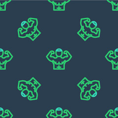 Fototapeta premium Line Bodybuilder showing his muscles icon isolated seamless pattern on blue background. Fit fitness strength health hobby concept. Vector