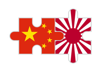 puzzle pieces of china and rising sun flags. vector illustration isolated on white background