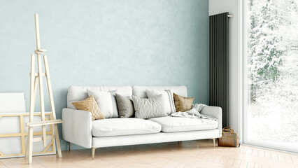 Modern stylish interior of the living room, a room with a wooden floor and a large window. 3D rendering