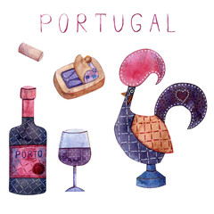 Watercolor Portugal illustrations, red wine, glass, guitar, cockerel, sardine, wave. - 485997650