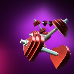 Sports dumbbells in the shape of a heart. creative bright 3d illustration