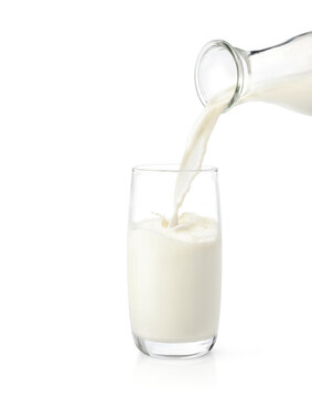 Pouring Fresh Milk Into The Glass Isolated On White Background.