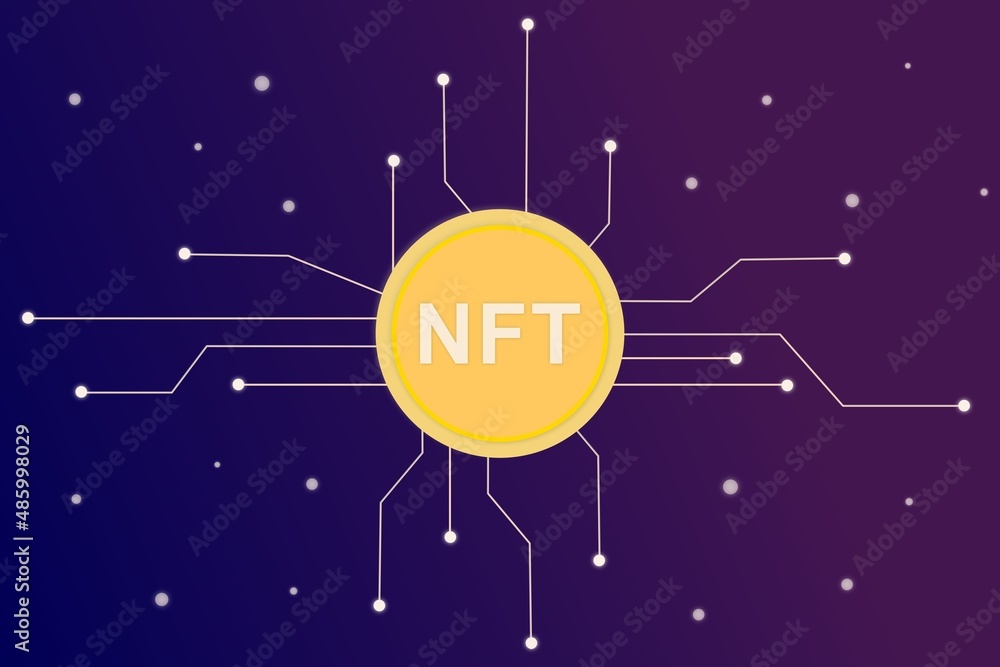 Poster nft non fungible token infographic with lines and dots network on dark background. pay for unique co
