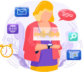 Young woman looks at smart watch. Cute girl wears sports device on her hand sends voice message and communicates. Icons for pedometer, heart rate, tube, timer, music, calendar. Receiving calls and sms