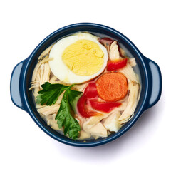 Delicious chicken aspic in ceramic bowl isolated on white background