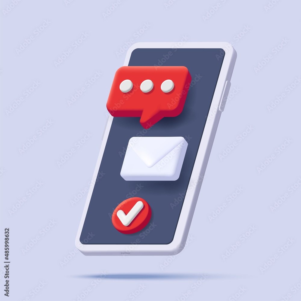 Poster 3d render isometric illustration of a white smartphone with push messages and email envelope