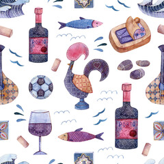 Watercolor seamless pattern Portugal illustrations, red wine, glass, guitar, cockerel, sardine, wave. - 485998638