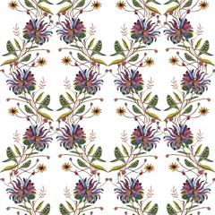 Watercolor flower in vintage retro style with added texture of gold and sequins. Seamless pattern. - 485998859