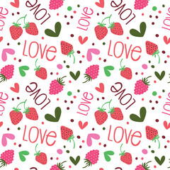 Seamless background with raspberries, strawberries and hearts.