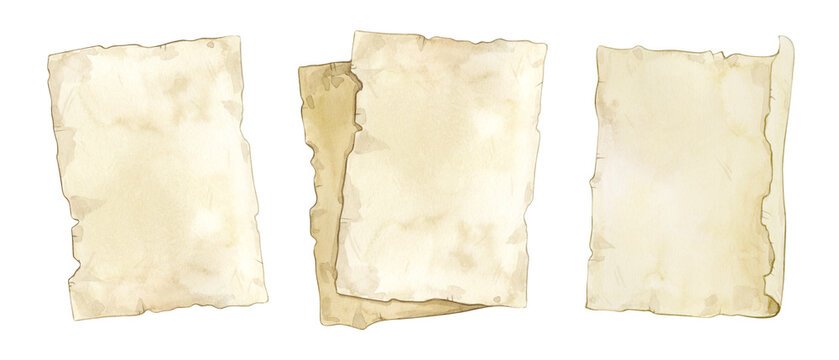 Set of watercolor illustrations of old paper sheets isolated on white background.