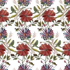 Watercolor flower in vintage retro style with added texture of gold and sequins. Seamless pattern. - 485999226