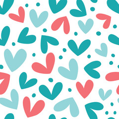 Seamless background with hearts in blue and red colors.