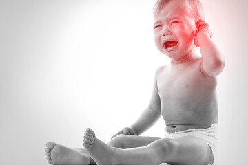 Crying baby suffering from a ear pain - obrazy, fototapety, plakaty