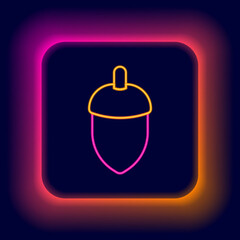 Glowing neon line Acorn icon isolated on black background. Colorful outline concept. Vector