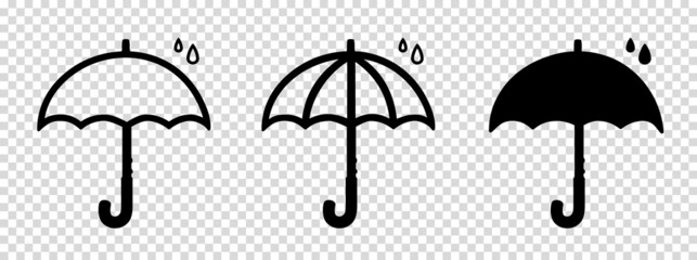 Umbrellas With Raindrops - Different Black Vector Icons Isolated On Transparent Background - obrazy, fototapety, plakaty