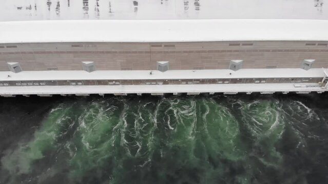 Hydroelectric dam winter. Aerial view.