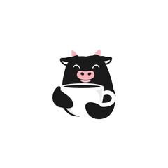 Cute cow hugging a cup of coffee mascot logo