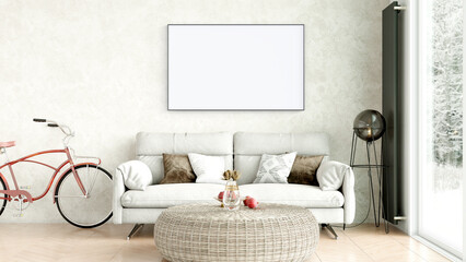 Modern interior of a room with an empty painting. Sofa and large window, wooden floor and wall. Clean lines of interior design. 3D rendering