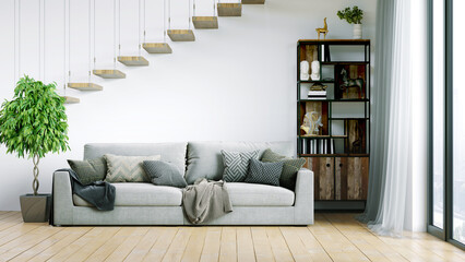 Modern beautiful interior of the room with light walls, large windows and stylish furniture. Bright design in Scandinavian style. 3D rendering