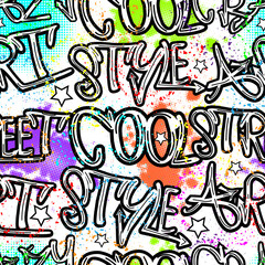multicolored graffiti pattern. Text, stars and colorful spray
