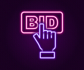 Glowing neon line Bid icon isolated on black background. Auction bidding. Sale and buyers. Colorful outline concept. Vector