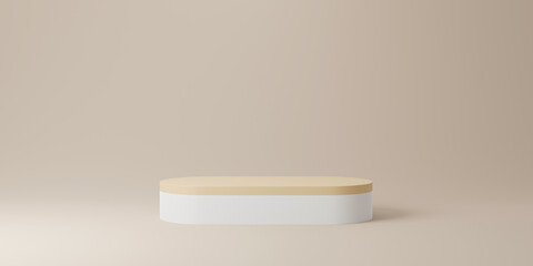 Abstract minimal scene with wooden podium in studio lighting beige background. Product presentation showcase, Mock up stage, Cosmetic product display, Podium, stage pedestal. 3d rendering